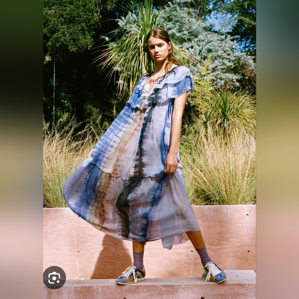 Raquel Allegra Ruffle Maxi Dress in Waterfall Rainbow Tie Dye silk voile Size 0